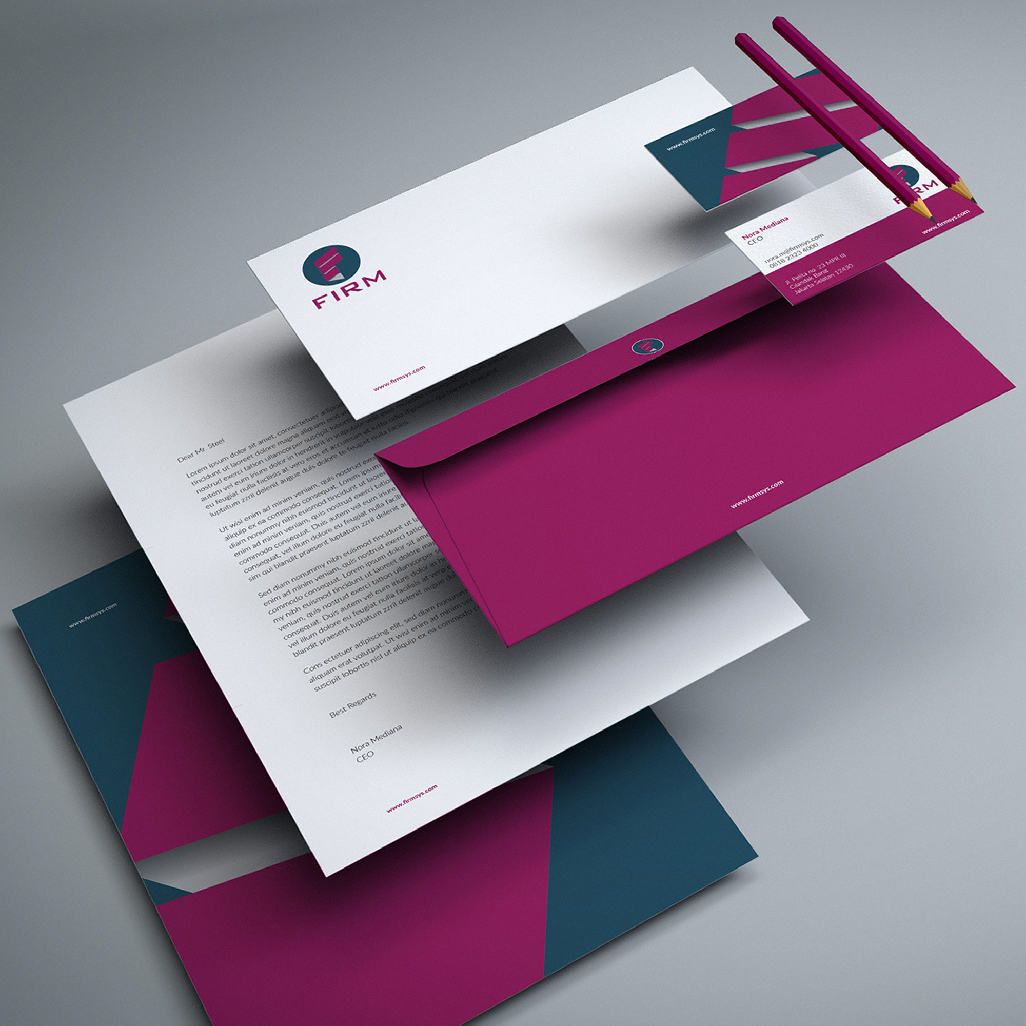 Visual branding of business stationery sets.
