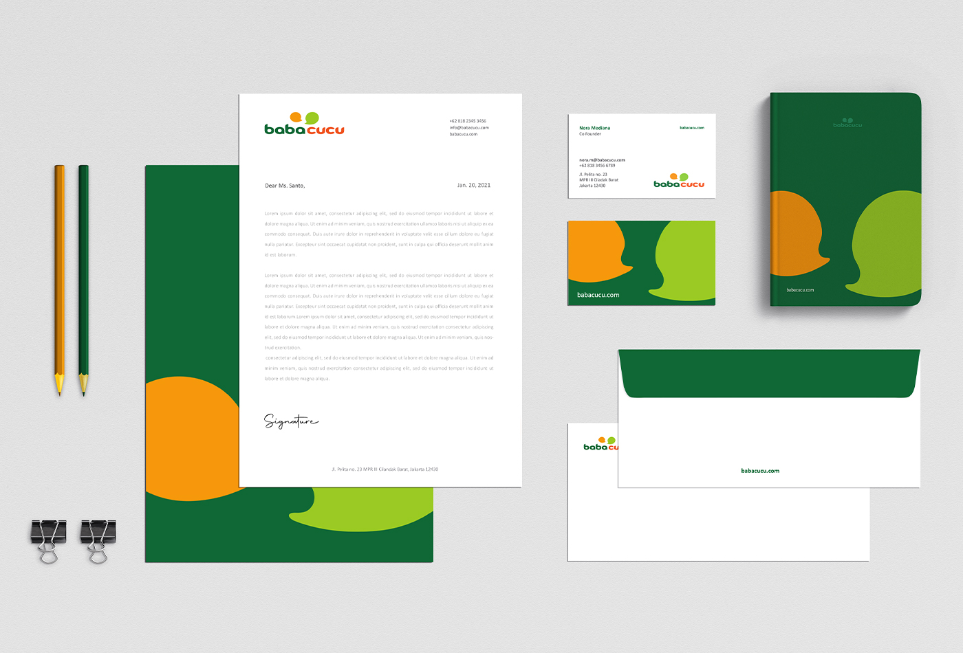 Visual branding implementations for simple business stationary.