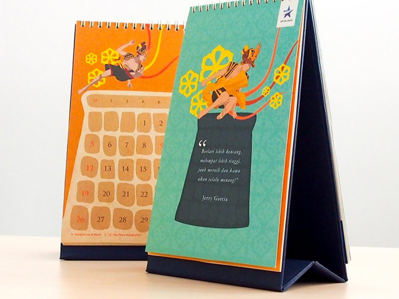 The desk calendar was designed with vibrant colors to highlight the festivity and spirit of the stone jumper.